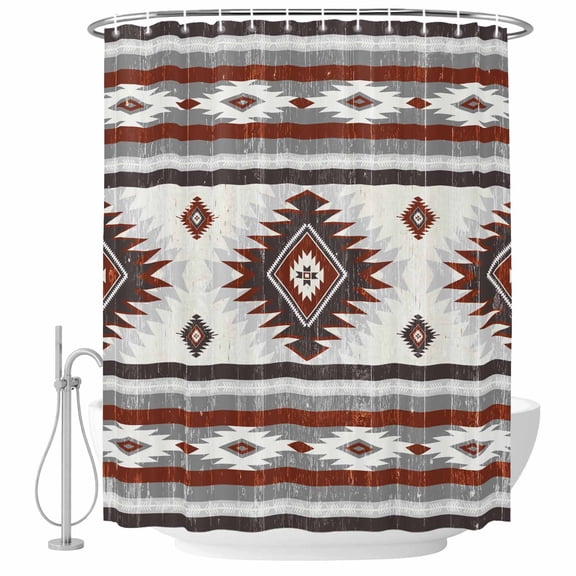 Red Grey Bathroom Shower Curtains with Hooks, Southwestern Native Aztec Ethnic Style Geometric Waterproof Fabric Washable Shower Curtain for Home Hotel Bathtub Decor 36x72 Inch