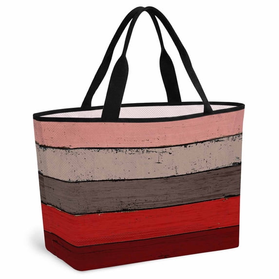 Red Grey Beach Bag for Women, Large Breathable Mesh Beach Tote Bag, Vintage Stripe Farmhouse Wood Grain Ombre Sandproof Lightweight Travel Bags for Vacation Picnic Swimming Pool 15.7"x15.7"x9.1"