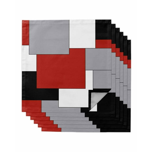 Red Grey Black Geometric Cloth Napkins Washable Set of 6, Middle Century Modern Art Abstract Reusable Dinner Table Napkins Cloth Bulk for Weddings Kitchen Restaurants Hotel Events Party 20 x 20 Inch