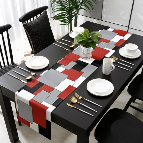 Red Grey Black Geometric Cotton Linen Table Runner 13 x 90 inch Middle Century Modern Art Abstract Non-slip Rectangular Dining Table Decor for Wedding Party Holiday Dinner