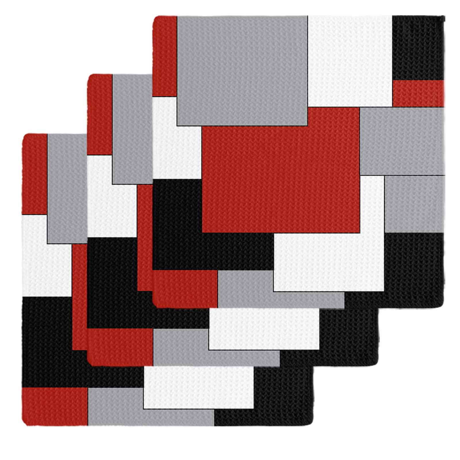 Red Grey Black Geometric Dish Towels Set,Waffle Weave Kitchen Towels 3Pcs, Middle Century Modern Art Abstract Microfiber Hair Face Bath Tea Towel Absorbent Quick Drying Cleaning Dish Cloths 12"x12"