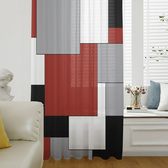 Red Grey Black Geometric Semi Sheer Curtains Drapes for Living Room,Bedroom,French Doors Window 108 Inches Long,Middle Century Modern Art Abstract Rod Pocket Chiffon Curtain Drapery Voile Panel