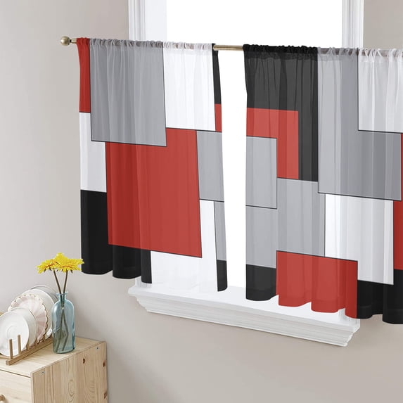 Red Grey Black Geometric Sheer Curtains 54 Inches Length 2 Panels Set, Window Sheer Curtains for Living Room/Bedroom, Middle Century Modern Art Abstract Light Filter Rod Pocket Curtain 52''x54''x2