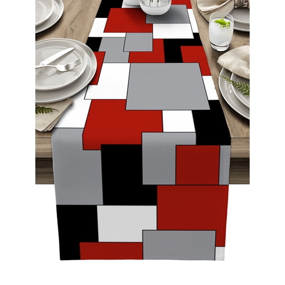 Red Grey Black Geometric Table Runner Middle Century Modern Art Abstract Tablerunners 13 x 72 Inch, Table Decorations Tabletop Scarf for Summer Gathering Holiday Farmhouse Kitchen Dining Decor