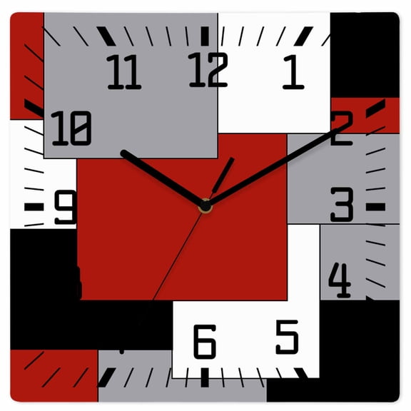 Red Grey Black Geometric Wooden Wall Clock Silent Non Ticking, Middle Century Modern Art Abstract Square Wall Clocks Battery Operated, Decor Clock for Home Office, Living Room, Kitchen, 12 Inch