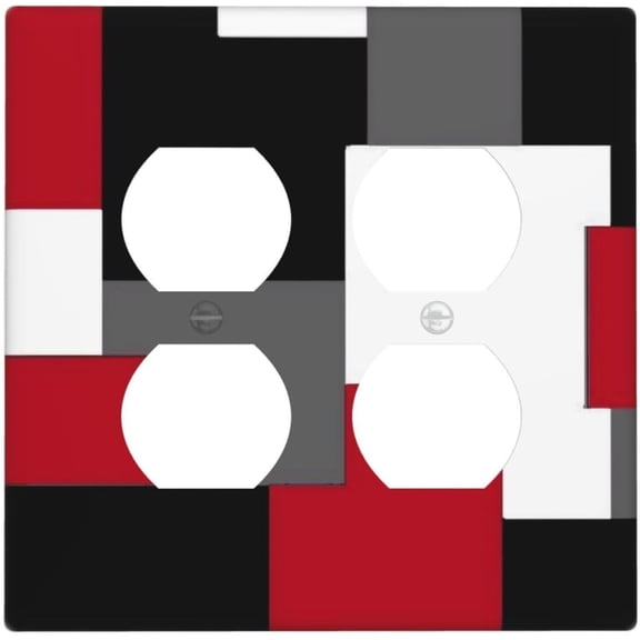 Red Grey Black Gray White Geometric 2-Gang Double Duplex Receptacle Outlet Cover Wall Plate, Abstract Art Decorative Colored Geometry Modern Mid Century Two Gang Electrical Outlet Light Switch Cover
