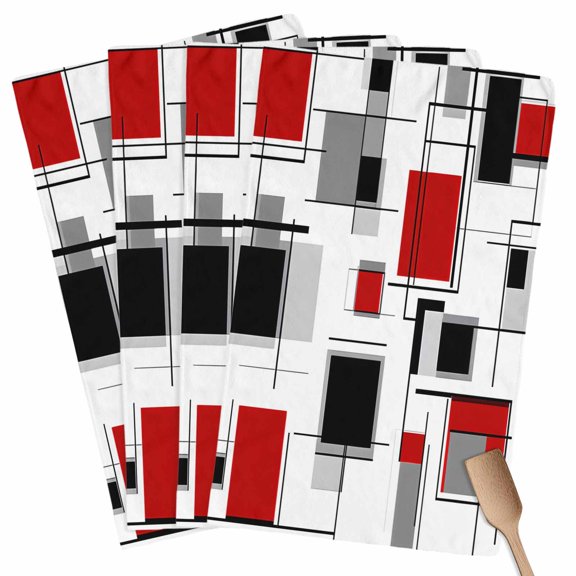 Red Grey Black Kitchen Towel Dish Cloths Set of 4, Microfiber Soft Kitchen Hand Towels, Geometric Abstract Art Modern Irregular Absorbent Quick Drying Dishcloths 18 x 28 Inches