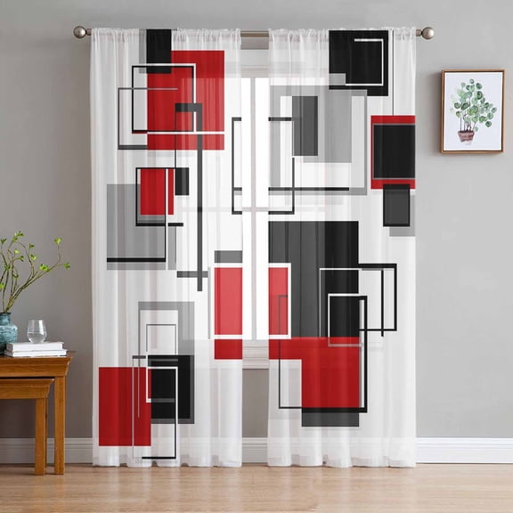 Red Grey Black Sheer Curtains 63 Inch Length 2 Panels Set for Living Room/Bedroom, Irregular Abstract Modern Geometric Semi Curtain Sheers Drapes Rod Pocket Curtains Window Treatment Set 52''x63''x2