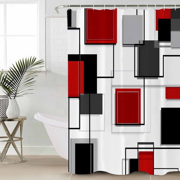 Red Grey Black Shower Curtain Set, Waterproof Shower Curtains for Bathroom, Irregular Geometric Modern Abstract Washable Fabric Cloth Bath Curtain for Bathtub Decoration with Hooks 72x78 Inches