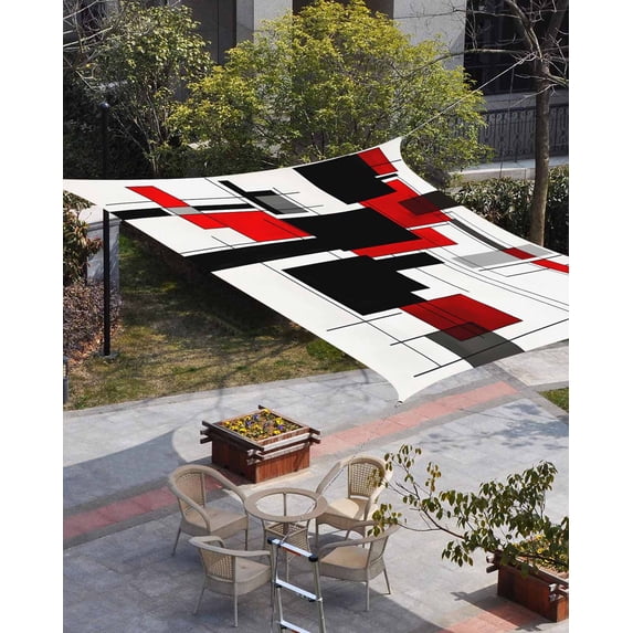 Red Grey Black Sun Shade Sail 8'x10' Rectangle Outdoor Shade Canopy, Irregular Modern Geometric Abstract Porch Shades Outdoor Sun Blocking Screen, Sunshade Cloth Covers for Patio/Deck/Garden