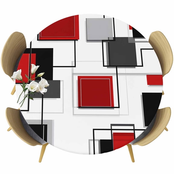 Red Grey Black Table Cloth, Round Fitted Tablecloths with Elastic Edge, Irregular Geometric Modern Abstract Wipeable Waterproof Table Cover for Kitchen Wedding 55-60 Inches