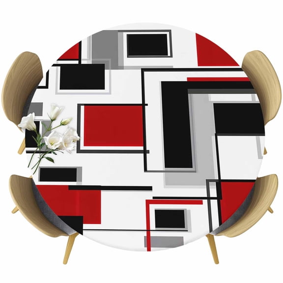 Red Grey Black Table Cloth, Round Fitted Tablecloths with Elastic Edge, Irregular Modern Abstract Geometric Wipeable Waterproof Table Cover for Kitchen Wedding 55-60 Inches