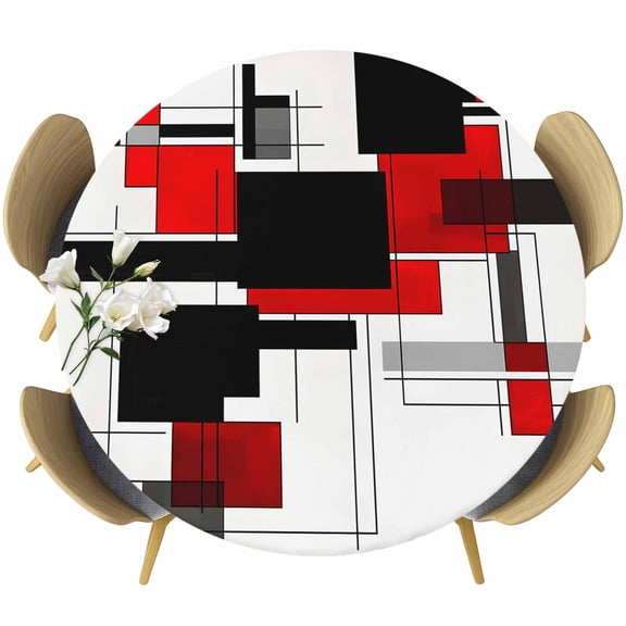 Red Grey Black Table Cloth, Round Fitted Tablecloths with Elastic Edge, Irregular Modern Geometric Abstract Wipeable Waterproof Table Cover for Kitchen Wedding 55-60 Inches