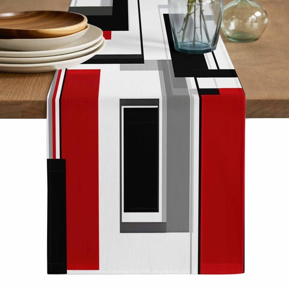 Red Grey Black Table Runner, Irregular Modern Abstract Geometric Washable Cotton Linen Table Runners 36 Inches Long, Dresser Scarf Runner for Nightstand/End Tables/Round Tables 13''x36''