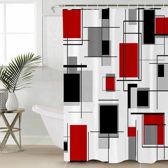 Red Grey Black Waterproof Fabric Shower Curtain, Geometric Abstract Art Modern Irregular Shower Curtain for Bathroom Curtains Bathtubs Hotel Washable Shower Curtains with 12 Hooks Long 72x78in