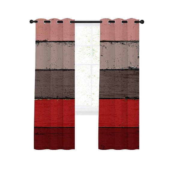Red Grey Blackout Curtains 39 Inches Long for Bedroom, Vintage Stripe Farmhouse Wood Grain Ombre Thermal Insulated Room Darkening Black Out Window Curtain Panels Grommet Drapes for Living Room