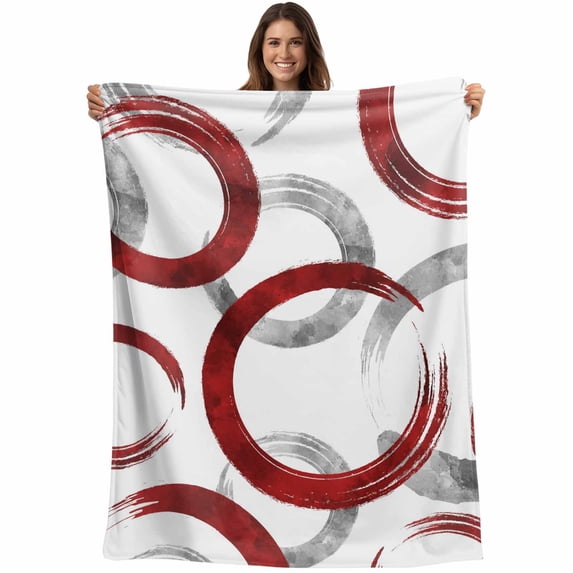 Red Grey Blanket Soft Cozy Warm Throw Blanket for Couch, Plush Fuzzy Flannel Fleece Blankets for Sofa, Geometric Circle Modern Abstract Simple Art Bed Blankets Lightweight Gifts for Women, 50"x60"