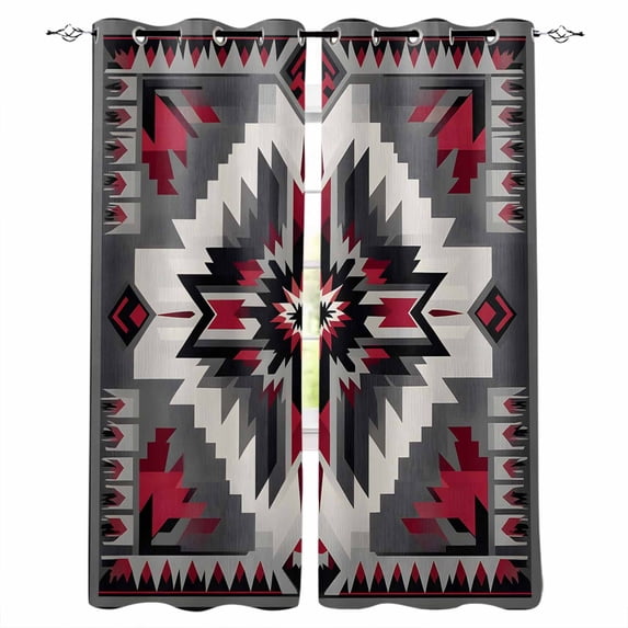 Red Grey Boho Blackout Curtains for Bedroom/Living Room, Thermal Insulated Kitchen Curtains, Geometric Ethnic Abstract Retro Grommet Darkening Window Treatment Drapes 27.5"x39"x2