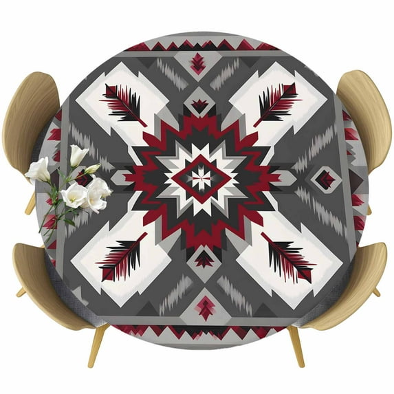 Red Grey Boho Round Tablecloth 55-60 Inch Round Fitted Table Cloth with Elastic Edge, Vintage Geometric Ethnic Abstract Waterproof Table Cover Protector for Outdoor Picnic Party Dining