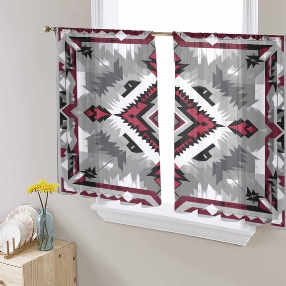 Red Grey Boho Sheer Curtains 45 Inch Length 2 Panels Set for Living Room/Bedroom, Geometric Vintage Ethnic Abstract Semi Curtain Sheers Drapes Rod Pocket Curtains Window Treatment Set 52''x45''x2