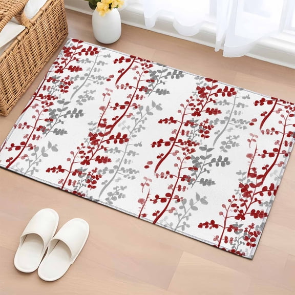 Red Grey Botanical 2'x3' Washable Rug, Spring Floral Summer Farmhouse Non-Slip Soft Doormat Area Rugs for Entrance Bathroom Bedsides, StainResistant Carpet for Kitchen Bedroom, Entryway Floor Mat