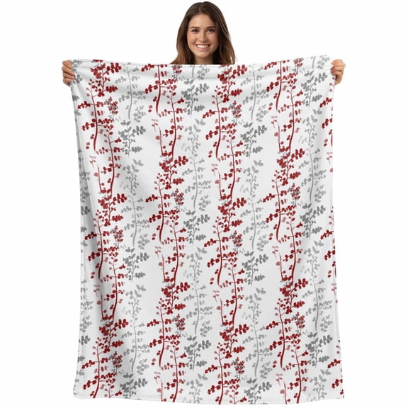 Red Grey Botanical Blanket Soft Cozy Warm Throw Blanket for Couch, Plush Fuzzy Flannel Fleece Blankets for Sofa, Spring Floral Summer Farmhouse Bed Blankets Lightweight Gifts for Women, 50"x60"