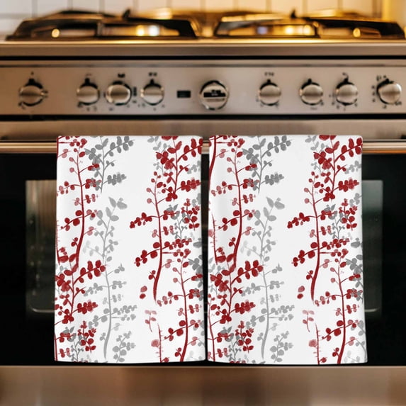 Red Grey Botanical Kitchen Towels Set of 4, Spring Floral Summer Farmhouse Absorbent Dish Towels for Kitchen, Microfiber Hand Towel, Quick Drying Tea Towel for Cleaning Decorative Dishcloths
