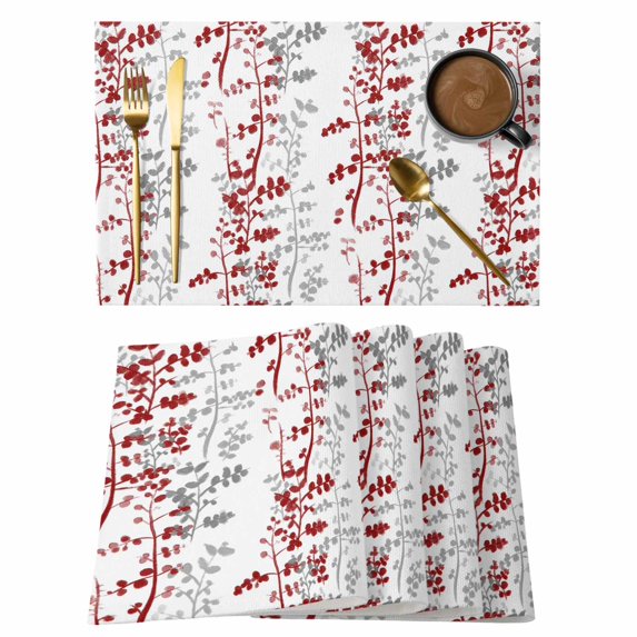 Red Grey Botanical Placemats Set of 8, Spring Floral Summer Farmhouse Placemats for Dining Table, Place Mats for Kitchen Tabletop, Waterproof Wipeable Dining Table Mats Set