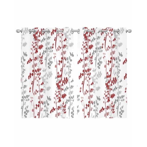 Red Grey Botanical Sheer Curtains 45 Inch Length 2 Panels Set for Living Room/Bedroom, Spring Floral Summer Farmhouse Kitchen Curtains Grommet Semi-Sheer Curtains Drapes Window Treatments 42"x45"x2