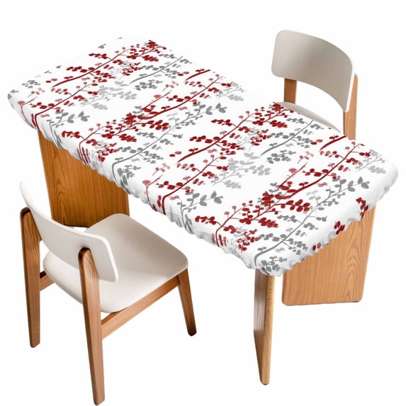 Red Grey Botanical Table Cloths for 5 Foot Rectangle Tables, Spring Floral Summer Farmhouse Patio Waterproof Elastic Fitted Tablecloths, Washable Rectangular Table Cover for Camping