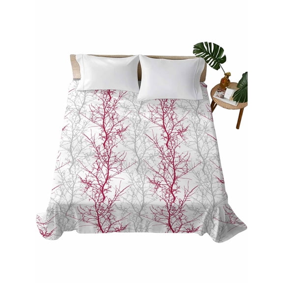 Red Grey Branch Flat Sheets Only King Size, Soft Breathable Bed Top Sheets for Mattress, Spring Summer Pastoral Botanical Luxury Bedding Flat Sheets for Home Hotel Bedroom Bed Protection