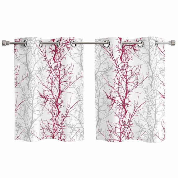 Red Grey Branch Kitchen Curtains Small Short 39 Inch Length, Spring Summer Pastoral Botanical Grommet Top Bedroom Living Room Curtains, Light Filtering Cafe Curtain Drapes 2 Panels Set 55''x39''