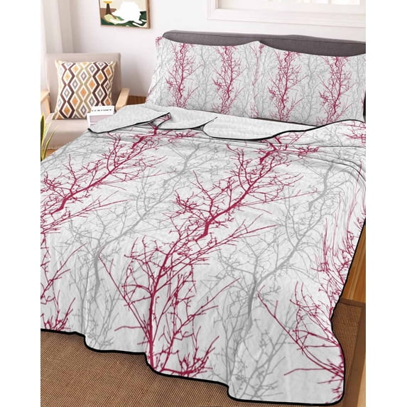 Red Grey Branch Twin XL Size Down Alternative Comforter, Lightweight Comforter Quilt Bedding Set with Pillow Shams Spring Summer Pastoral Botanical All Seasons Bed Comforter Duvet Insert 68"x98"