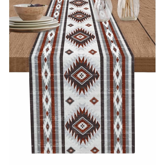 Red Grey Burlap Cotton Table Runner 13x36 Inches Short, Southwestern Boho Aztec Ethnic Abstract Print Farmhouse Table Runners, Outdoor Dining Tablecloths Decor for Baby Shower/Party/Wedding