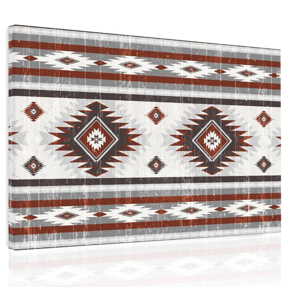 Red Grey Canvas Print Wall Art, Southwestern Native Aztec Ethnic Style Geometric Wall Decor Modern Artwork Paintings Pictures for Living Room Framed and Stretched Ready to Hang, 16" x 20"