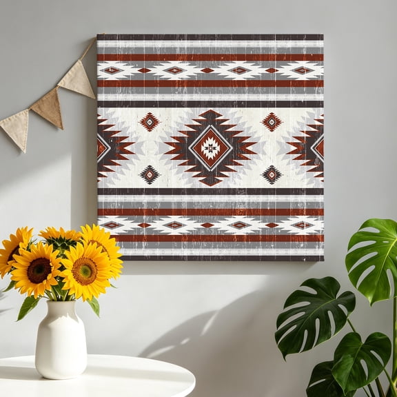 Red Grey Canvas Wall Art, Southwestern Native Aztec Ethnic Style Geometric Framed Canvas Wall Decor Picture Print Artwork Decorations for Living Room Office Ready to Hang 8" x 8"