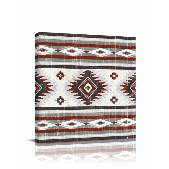 Red Grey Canvas Wall Art, Southwestern Native Aztec Ethnic Style Geometric Framed Wall Decor Modern Artwork Prints Painting for Living Room, Bedroom, Kitchen & Cafe Decor 12x12 Inch