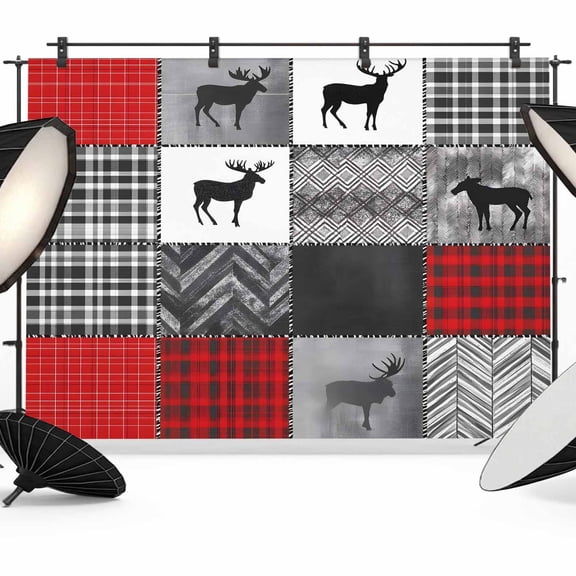 Red Grey Checkered Backdrop for Photoshoot,Photography Photo Studio Background Wall Backdrop,Farmhouse Animals Tree Retro Back Drop Banner Panel for Portraits Wedding Live Streaming Decor 12x8Ft