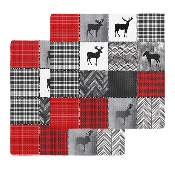 Red Grey Checkered Dish Towels Set, Waffle Weave Kitchen Towels 2 Pieces, Farmhouse Animals Tree Retro Microfiber Hair Face Bath Tea Towel Absorbent Quick Drying Cleaning Dish Cloths, 12"x12"
