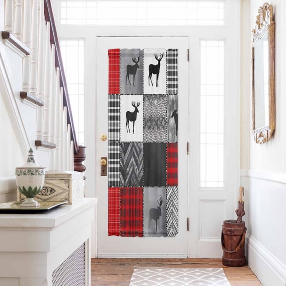 Red Grey Checkered Door Curtains for Door Window, French Sidelight Front Back Door Curtains With Tieback, Farmhouse Animals Tree Retro Kitchen Rod Pocket Drapes Panel, 25"x72"