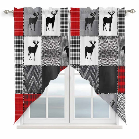 Red Grey Checkered Kitchen Window Curtains, Swag Curtains Valance for Bedroom Living Room Bathroom, Farmhouse Animals Tree Retro Rod Pocket Window Treatment Curtain Block Drapes 2 Panels 36"x36"