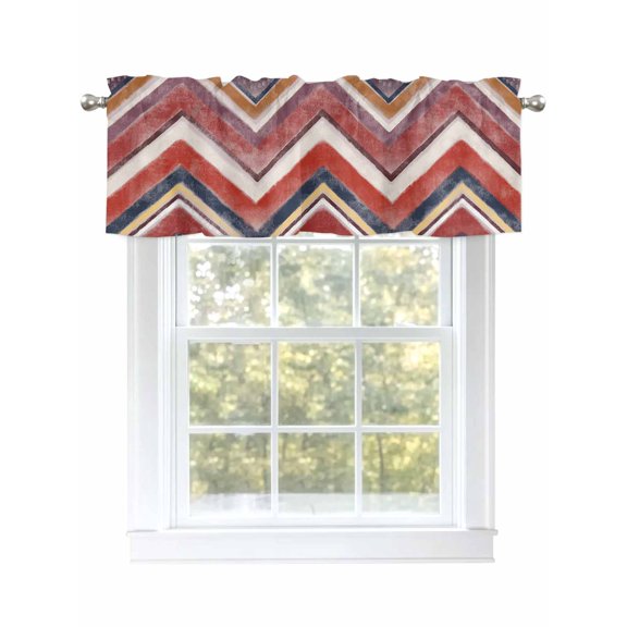 Red Grey Chevron Valances for Windows, Rod Pocket Kitchen Valance Curtains - Soft & Washable Small Window Treatment for Living Room, Bathroom, Geometric Design Stripe 54x18inch, 1 Panel