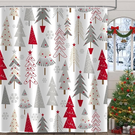 Red Grey Christmas Trees Fabric Shower Curtain for Bathroom Decor, Winter Holiday Snowflake Pattern Cloth Shower Curtains Set Washable Polyester Waterproof with 12 Hooks, 72x72