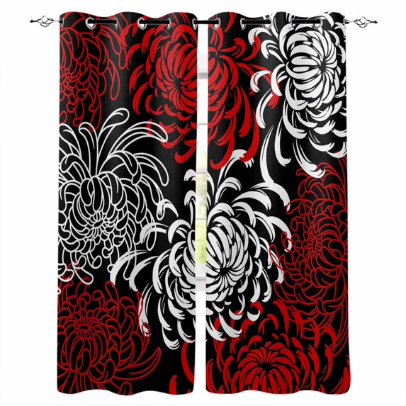 Red Grey Chrysanthemum Blackout Curtains for Bedroom, Farmhouse Botanical Floral Modern Room Darkening Window Drapes for Living Room, Thermal Insulated Grommet Curtains, 52x54 inch, 2 Panels