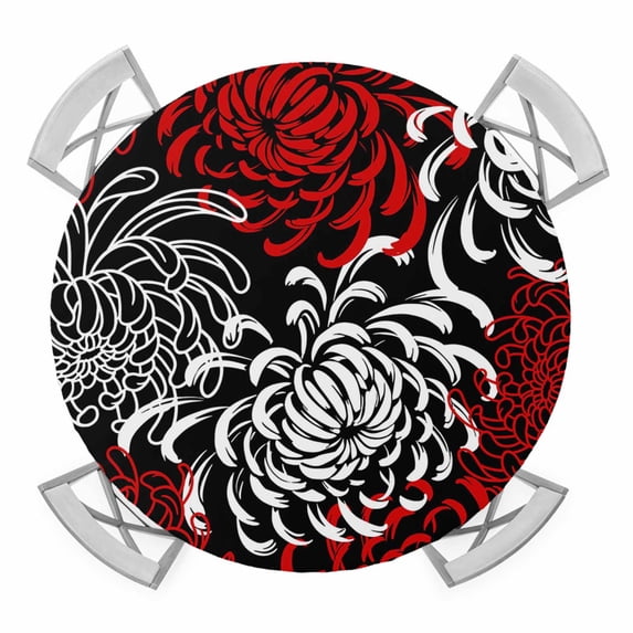 Red Grey Chrysanthemum Round Fitted Tablecloth with Elastic Edge, Waterproof Table Cloth Table Cover for 36"-44" Tables, Farmhouse Botanical Floral Modern Tablecloths for Dining Picnic Indoor Outdoor