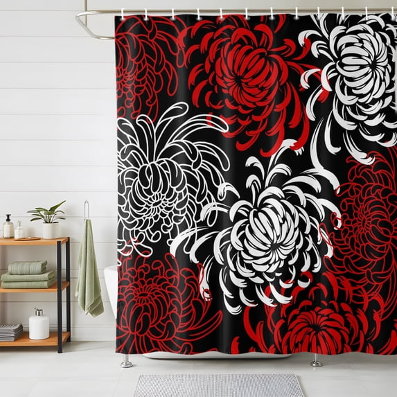 Red Grey Chrysanthemum Shower Curtains for Bathroom, Farmhouse Botanical Floral Modern Waterproof Fabric Shower Curtain, Decorative Bathroom Curtain for Bathtub, 72"x78" , No Hooks Included