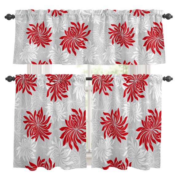 Red Grey Floral Kitchen Curtains Valances and Tiers Set of 3 Vintage Red White Grey Flower Tier Curtains and Valance with Rod Pocket for Small Windows, 27.5"x24"