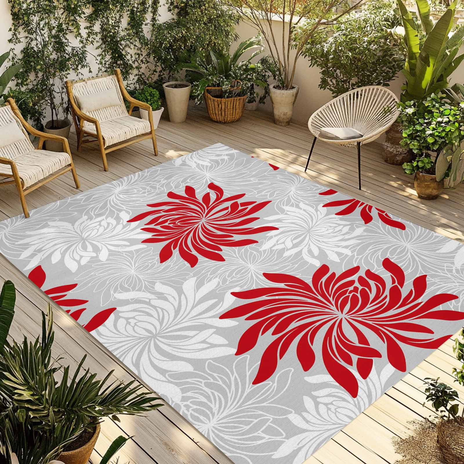 Red Grey Flowers Outdoor Rug for Patio/Deck/Porch, Non-Slip Large Area Rug 5 x 7 Ft, Modern Abstract Blooms Floral Indoor Outdoor Rugs Washable Area Rugs, Reversible Camping Rug Carpet Runner