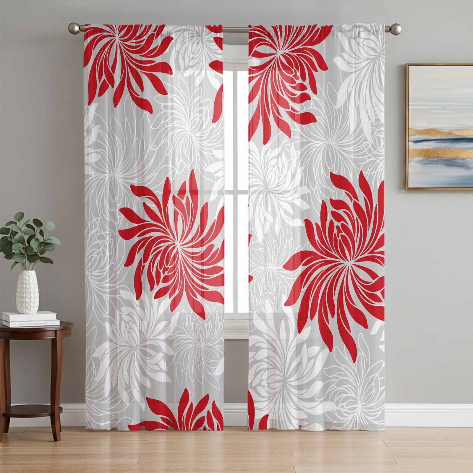 Red Grey Flowers Sheer Curtains for Living Room Bedroom Modern Abstract ...