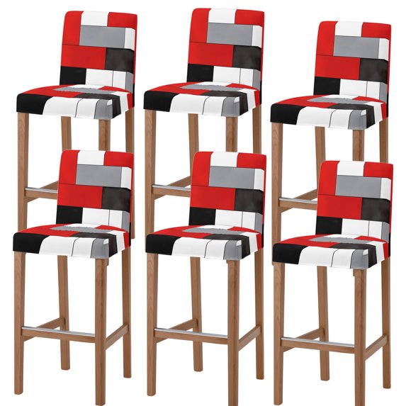 Red Grey Geometric Bar Stool Cover Set of 6, Modern Black White Abstract Art Stretch Bar Chair Cover, Removable Washable Pub Counter Stool Chair Slipcover for Kitchen Dining Room Pub Cafe